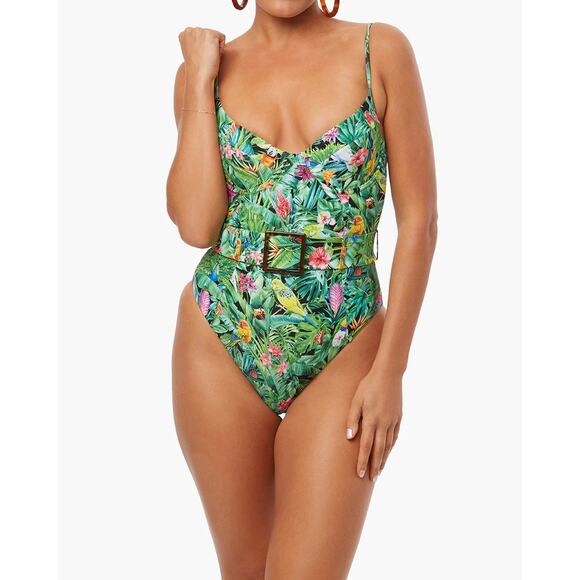 NWT Weworewhat Danielle One Piece Swimsuit Palm Green Size XS Tropical Belted - Picture 1 of 16